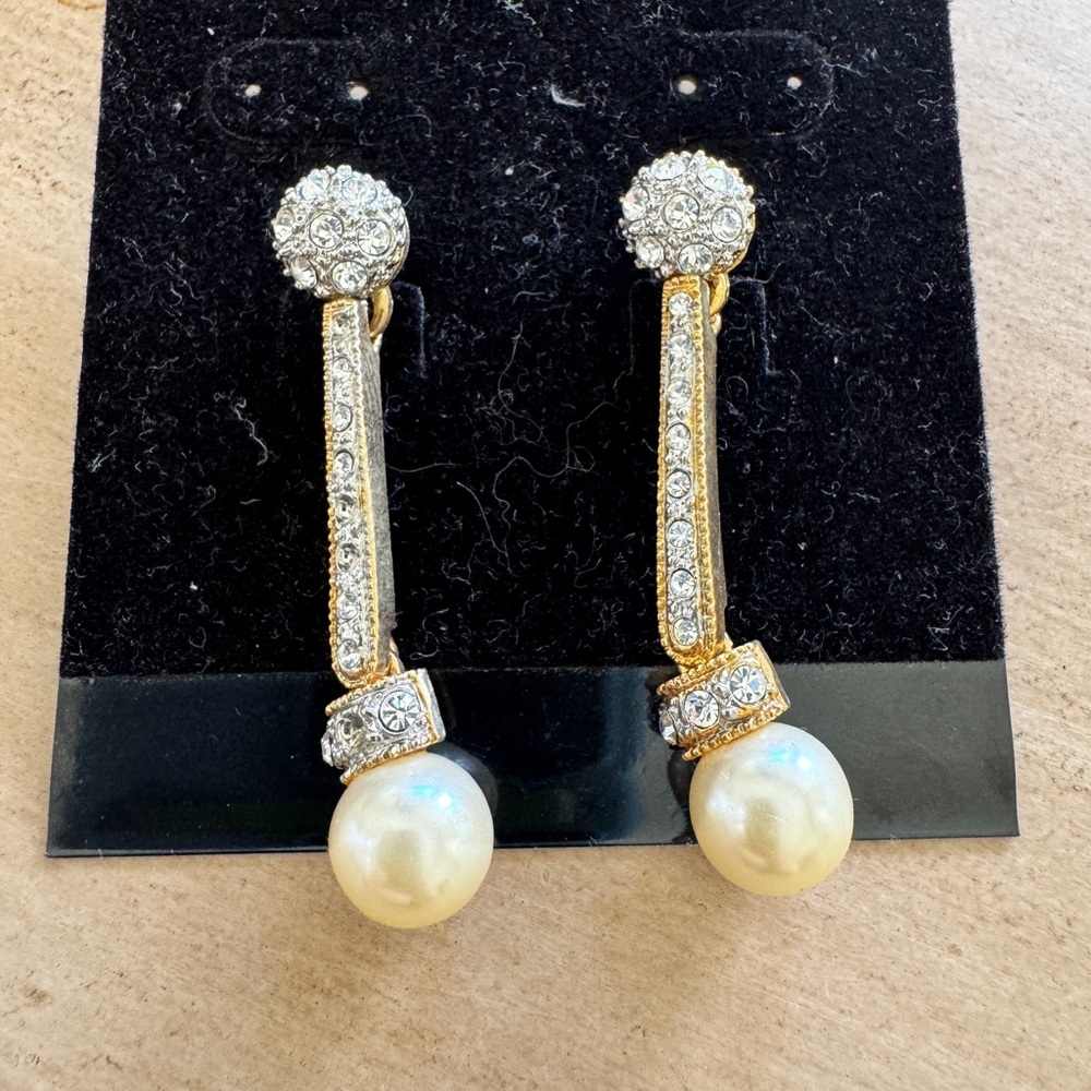 Elegant Gold, Rhinestone and Pearl Drop Earrings